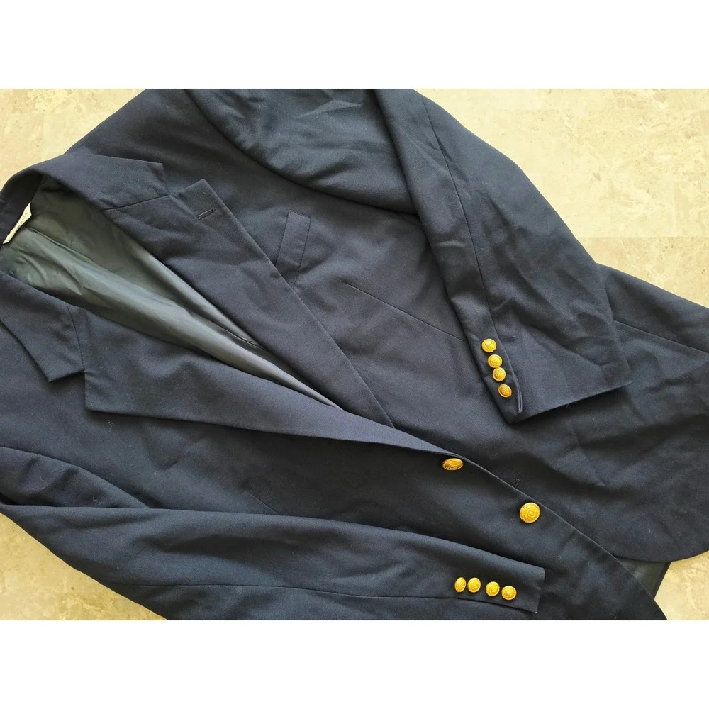 Polo University Club Ralph Lauren Navy Blazer Gold Crest Buttons USA Made 46R